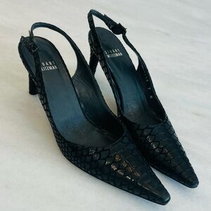 Stuart Weitzman Black Textured Snake Skin Slingback Pointed Heels Size 7 Narrow